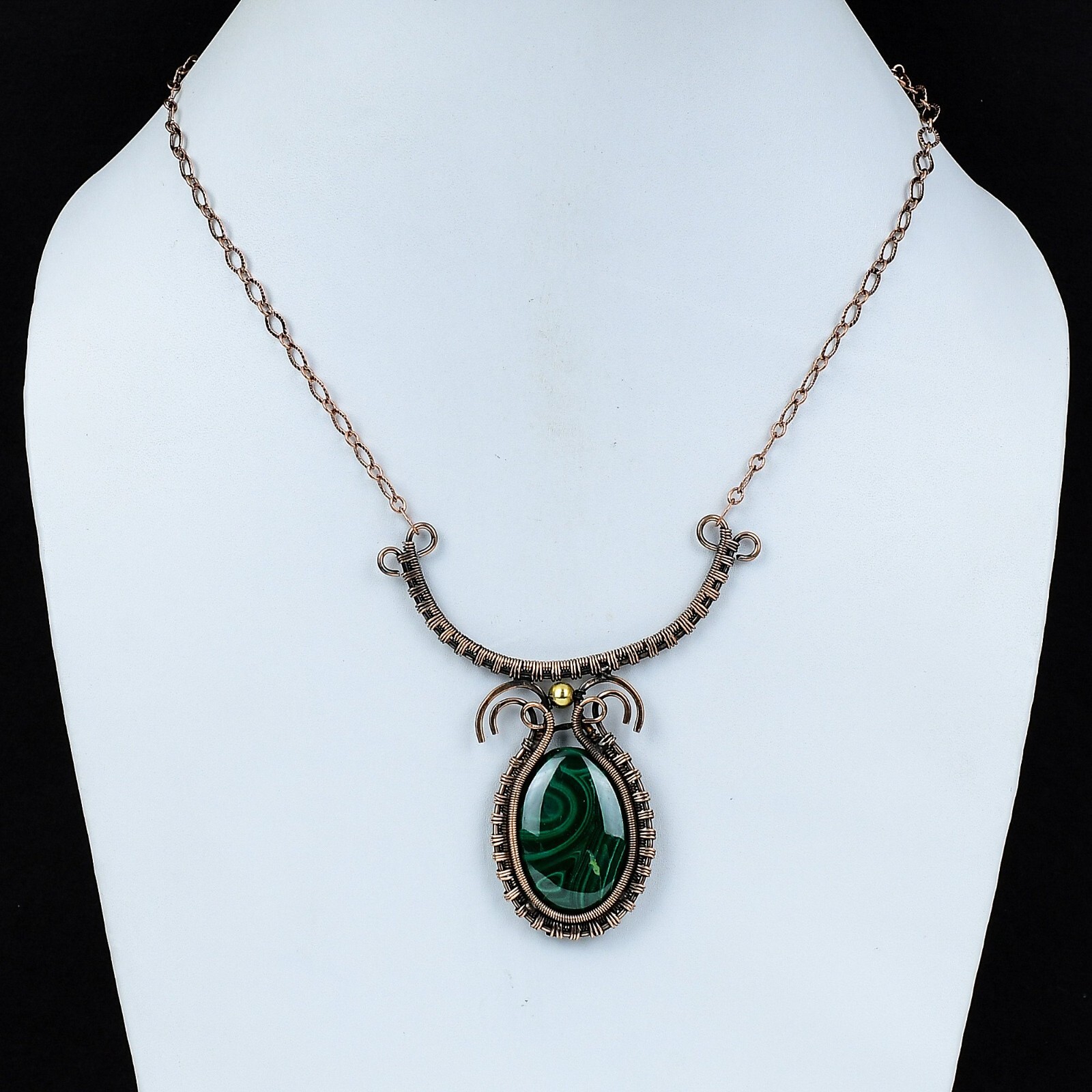 Russian Malachite Copper Love Gift Wire Wrapped Adjustable Necklace 18.0″