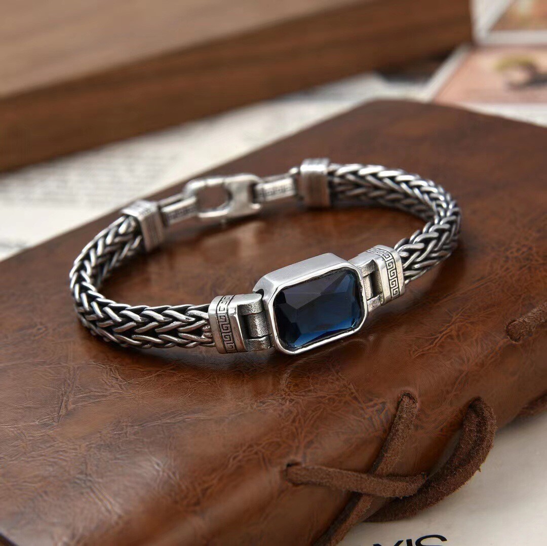 Real 925 Sterling Silver Bracelet Men Blue Zircon Square Wheat Link 7-8.6inch