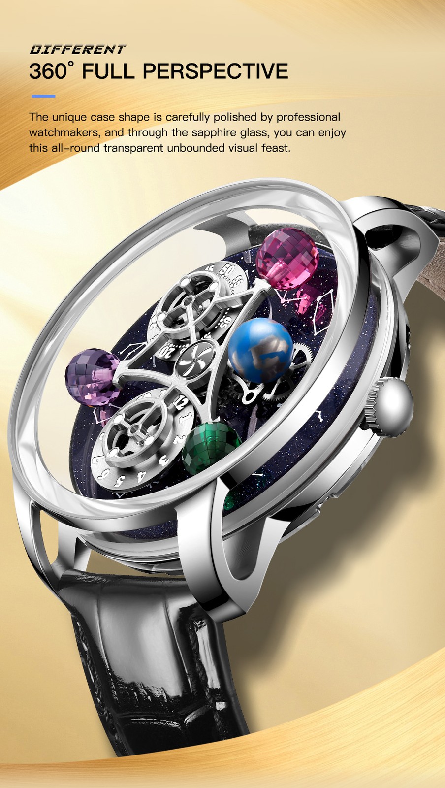 ‌PINDU Men’s Automatic Mechanical Watch Waterproof Leather Strap Unique Starry