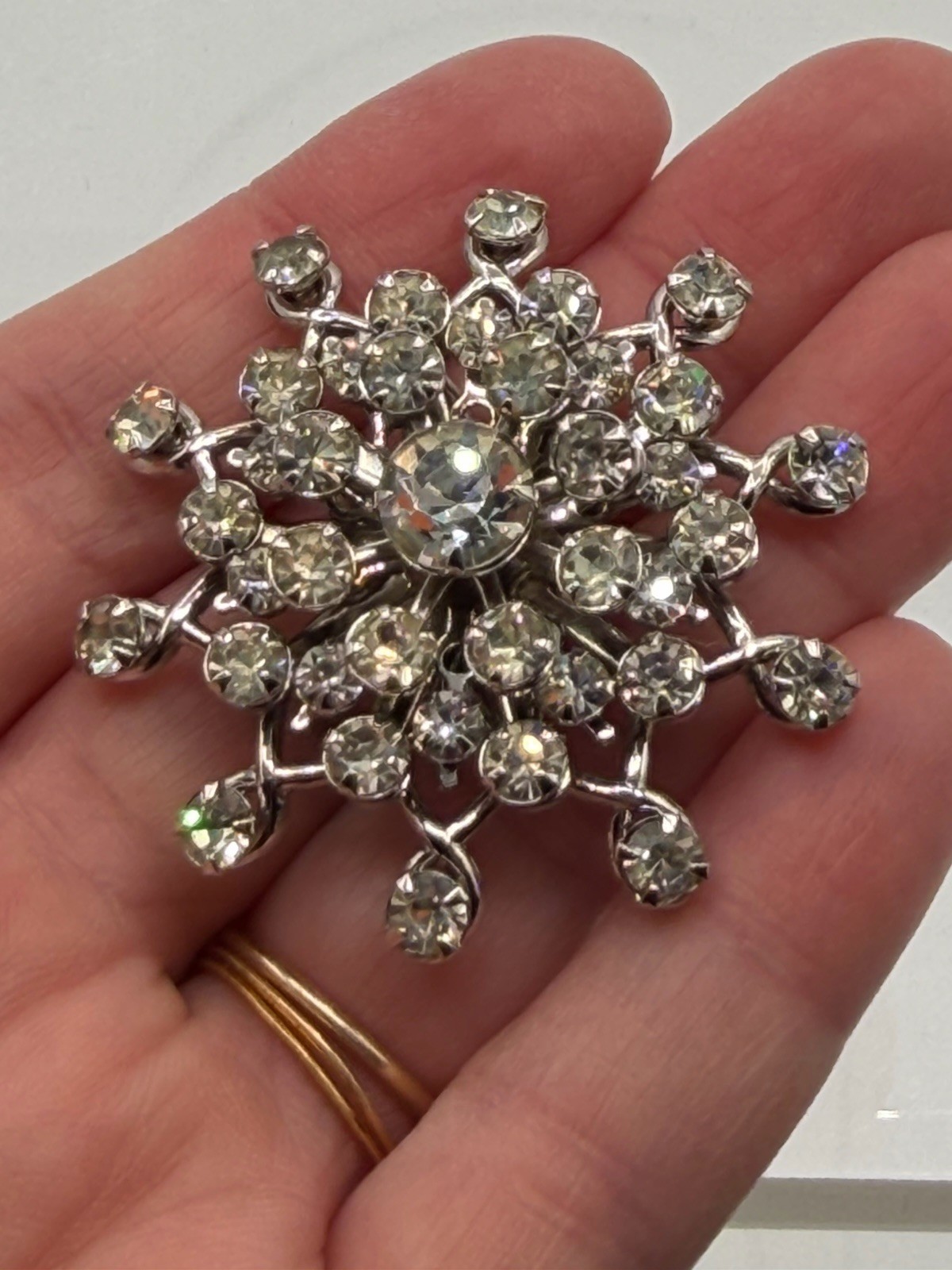 Vtg Sparkling Brooch Pin Snowflake Clear Rhinestones 1.75” Layered Silver Tone