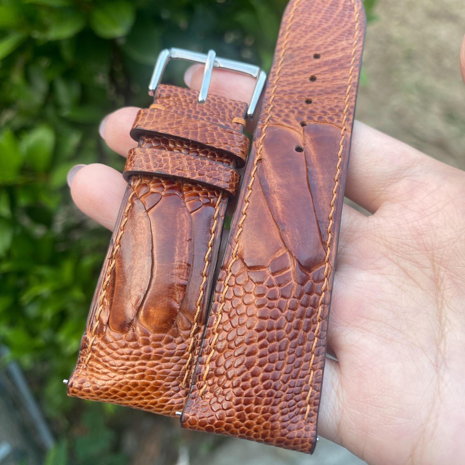 Light Brown Ostrich Leather Watch Band Custom Leg Skin Watch Strap Silver Buckle