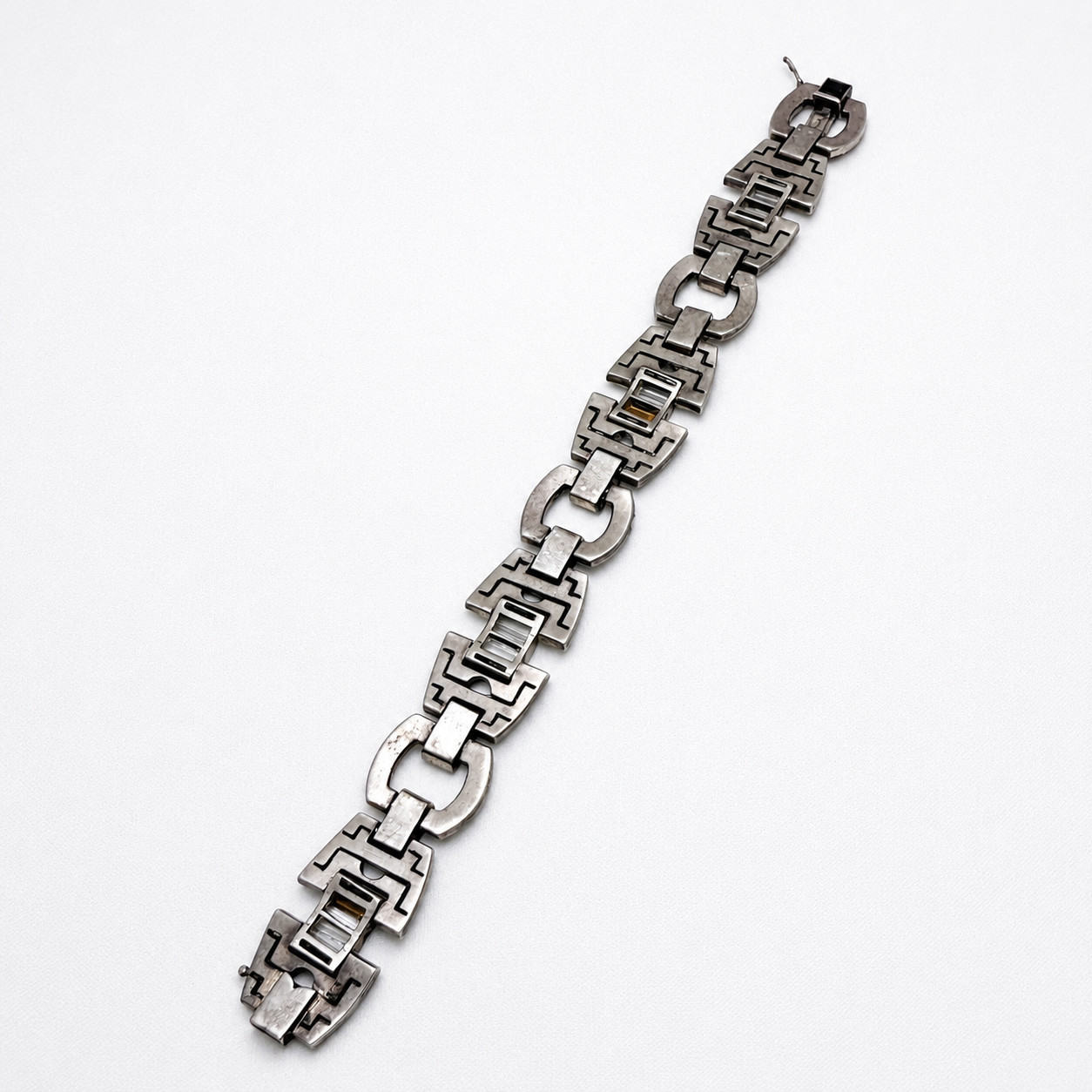 Antique Art Deco 935 Silver Bracelet Blue Clear Glass Argentina 7 7/8 in