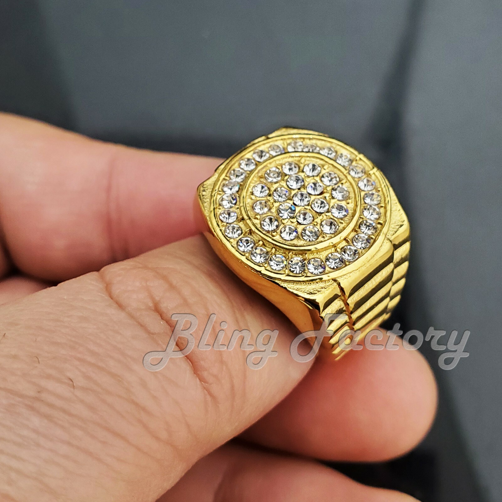 STAINLESS STEEL HIP HOP GOLD TONE LAB DIAMOND BLING RAPPER PINKY RING SIZE 8~12