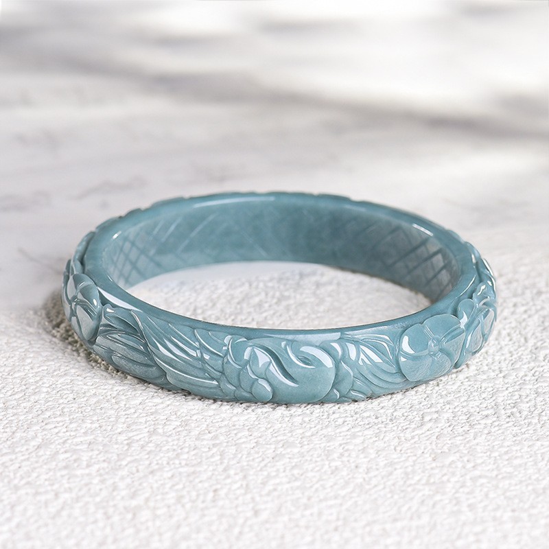 Certified natural A-grade jade blue water carved phoenix peony bracelet 54-64mm