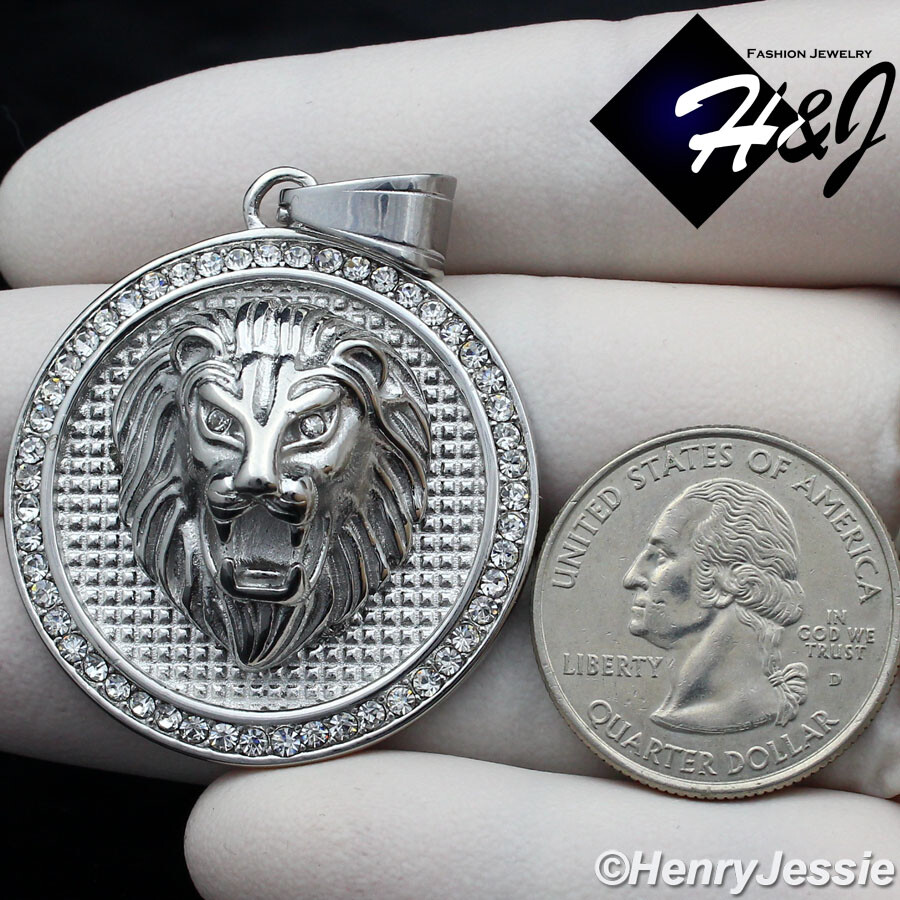 20″MEN Stainless Steel 4mm Silver Box Link Chain BLING CZ 3D LION Pendant*109