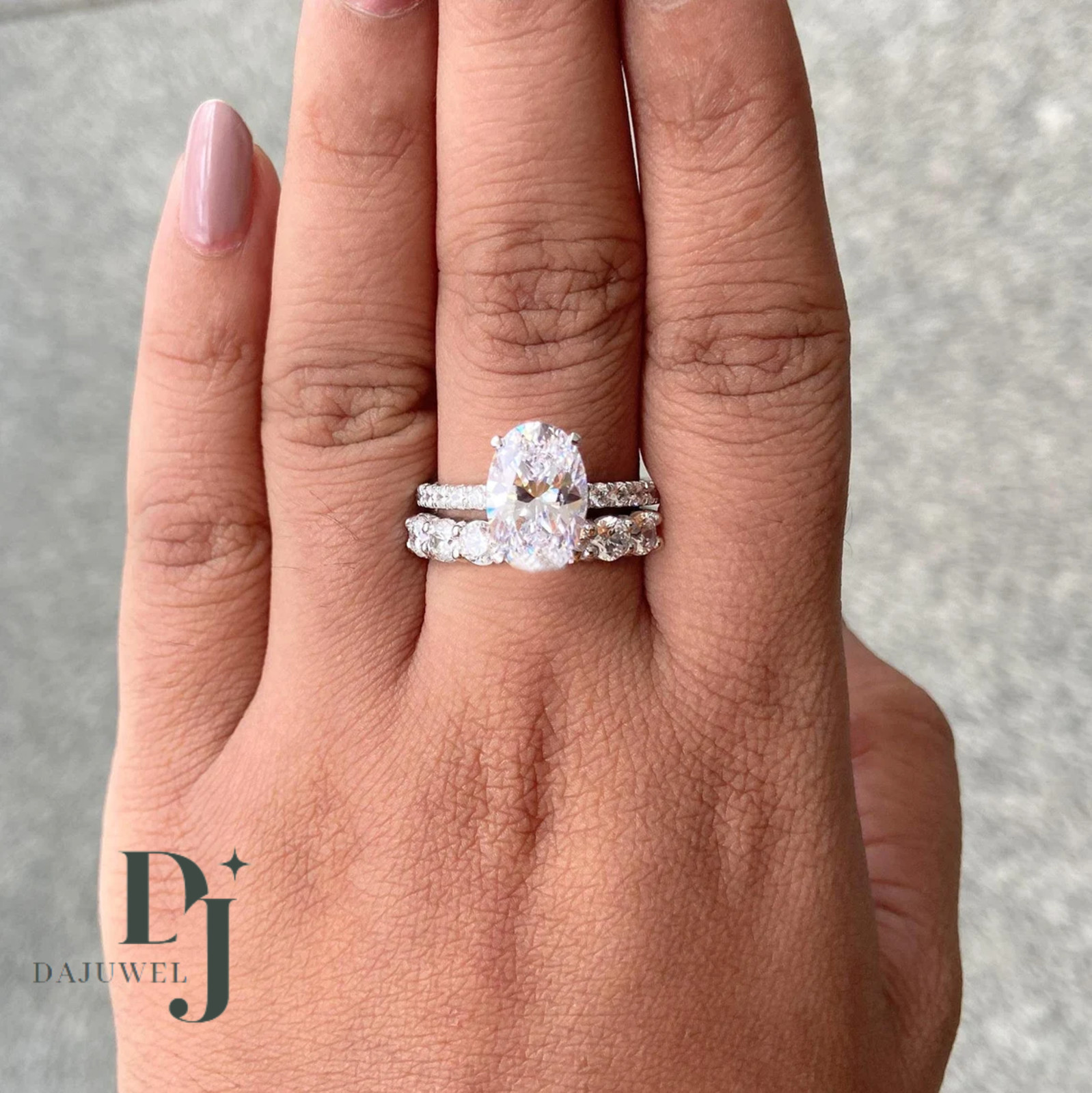 Moissanite Bridal Set Engagement Ring Solid 14K White Gold 3 Carat Oval Cut VVS1