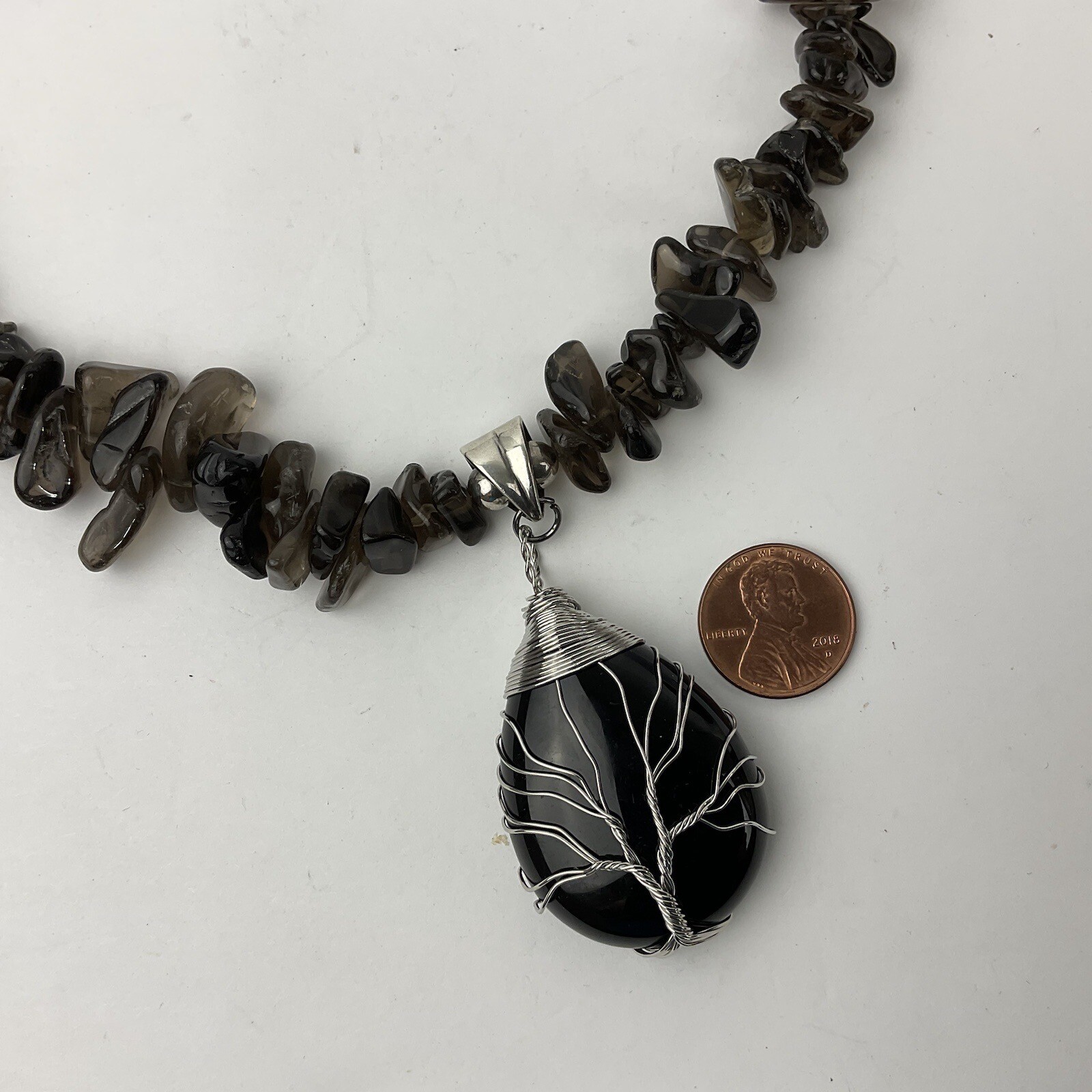 Artisan Obsidian Tree of Life Sterling Wrapped Pendant Smokey Quartz Necklace