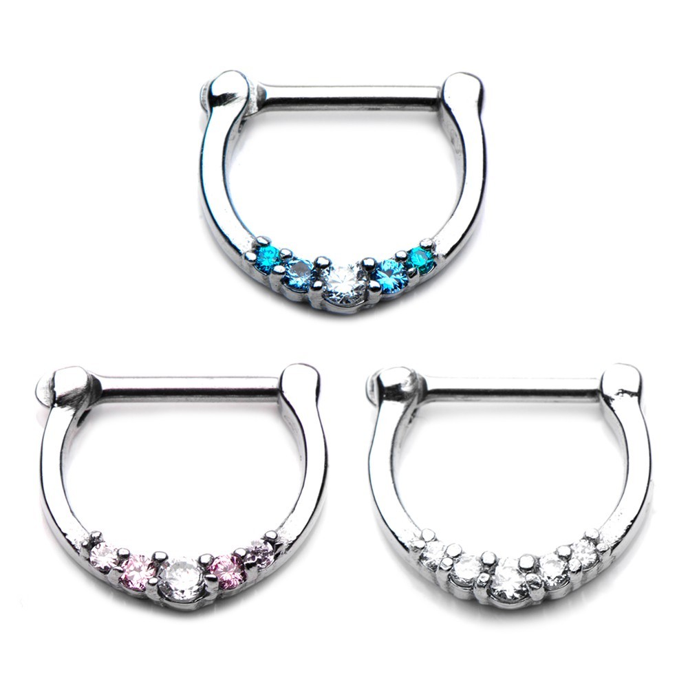 14G or 16G Septum Clicker Nose Ring Piercings Surgical Steel with CZ Gem Jeweled