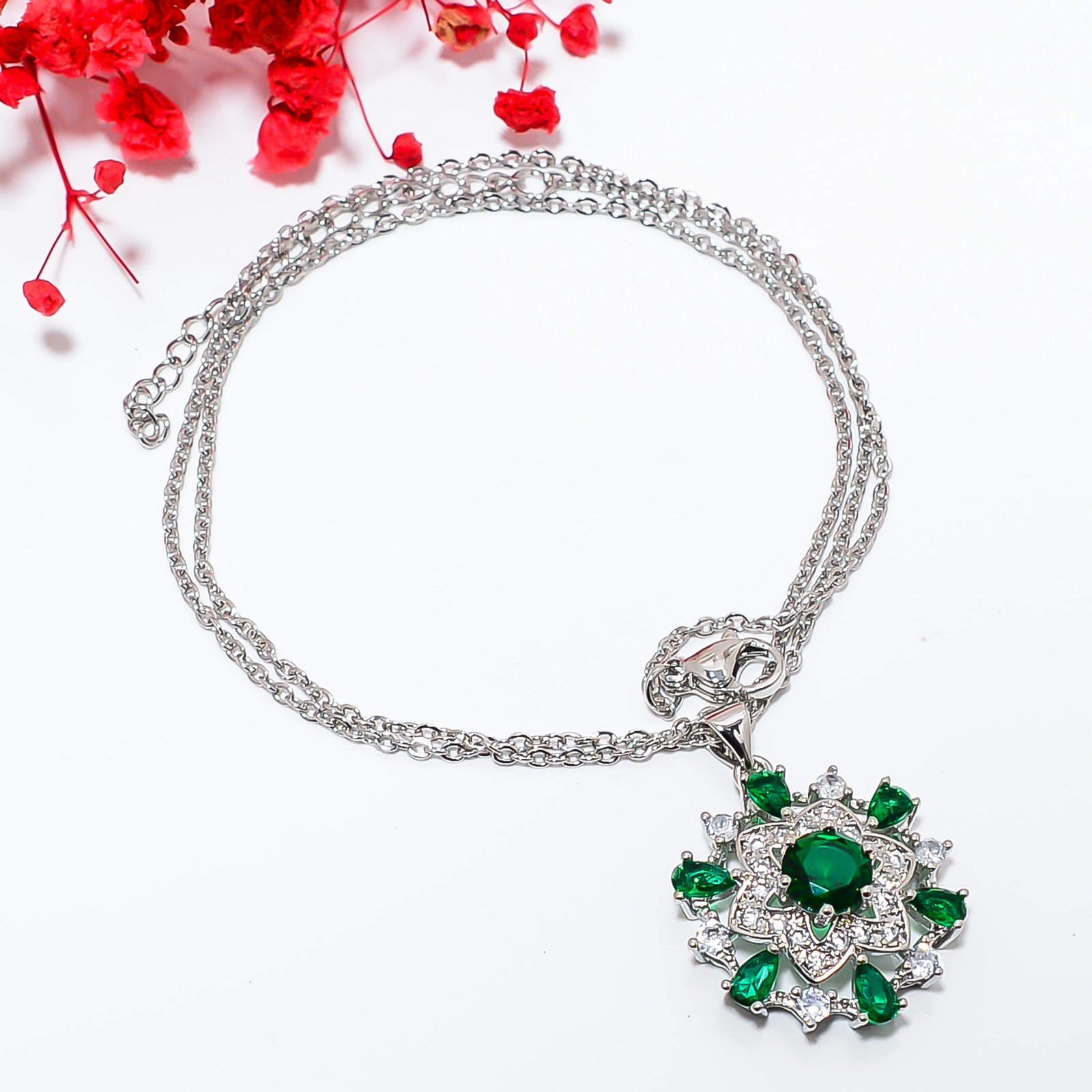 Chrome Diopside & Cz 925 Sterling Silver Floral Pendant With Chain 18-20″ CP4511