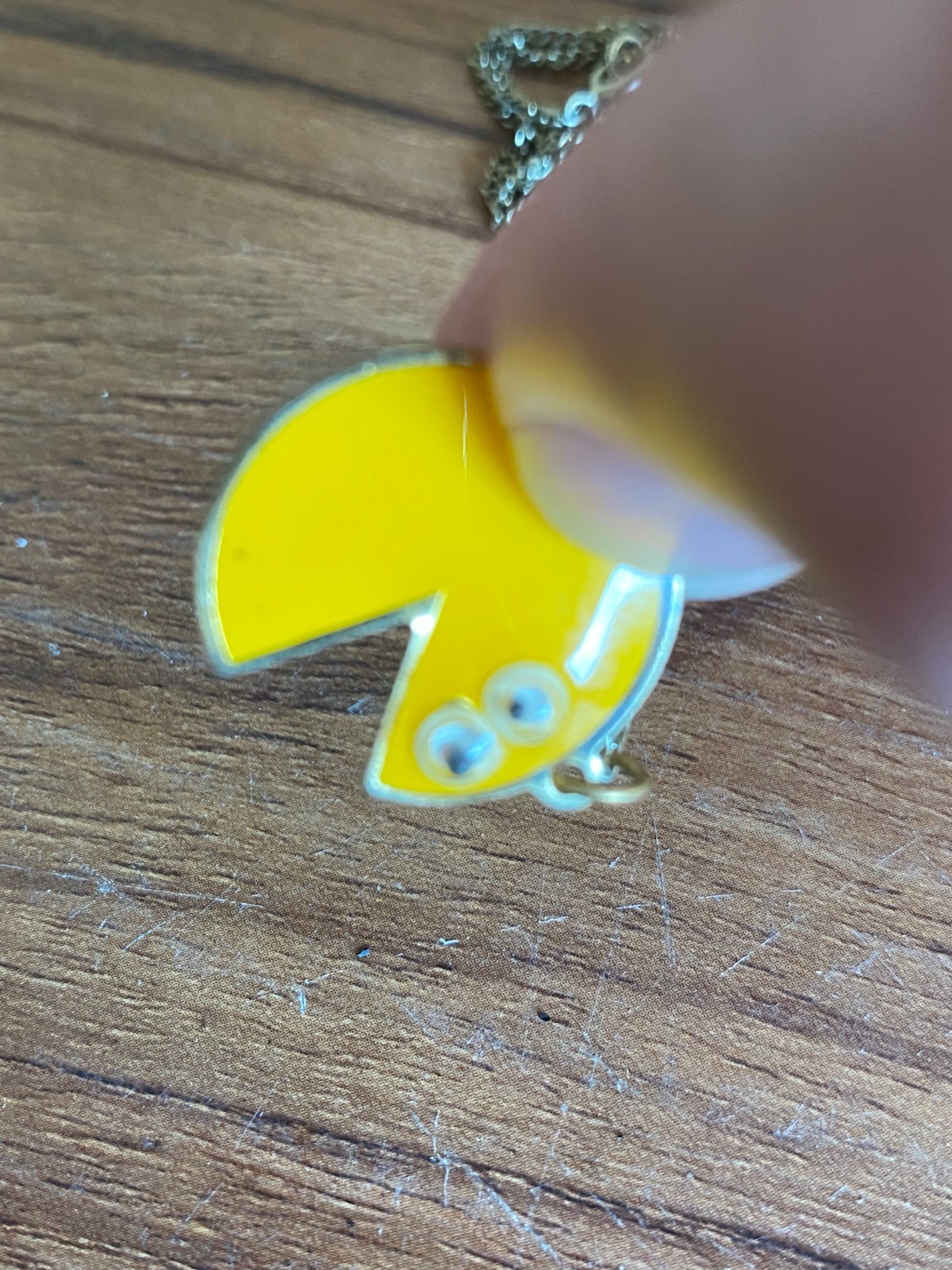 Vintage Pac-Man Googly Eyed Necklaces Rare Yellow Enamel Charm & Chain