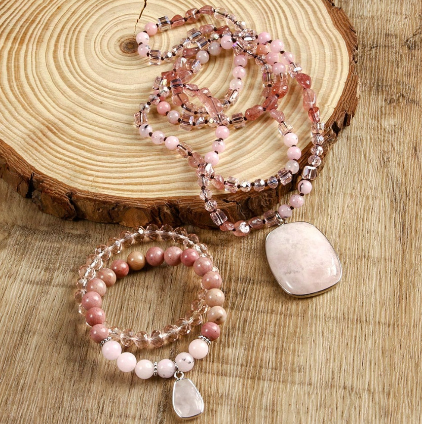 Rose Quartz, Rhodonite & Glass Bead Necklace & Bracelet Set – 18.5″ Pink Pendant