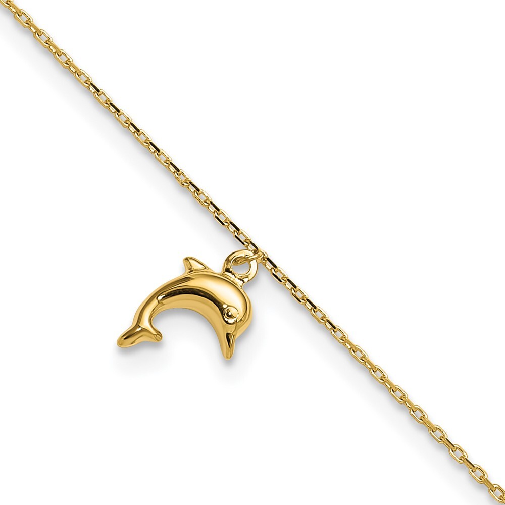 10k Yellow Gold Dolphin Charm 9in with 1in Extension Anklet for Women 1.03g