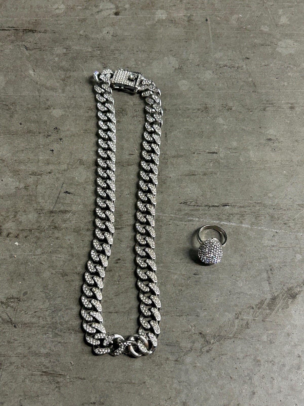 Iced Out Cuban Link Chain Necklace & Teardrop Ring Set Silver Tone CZ Size 6