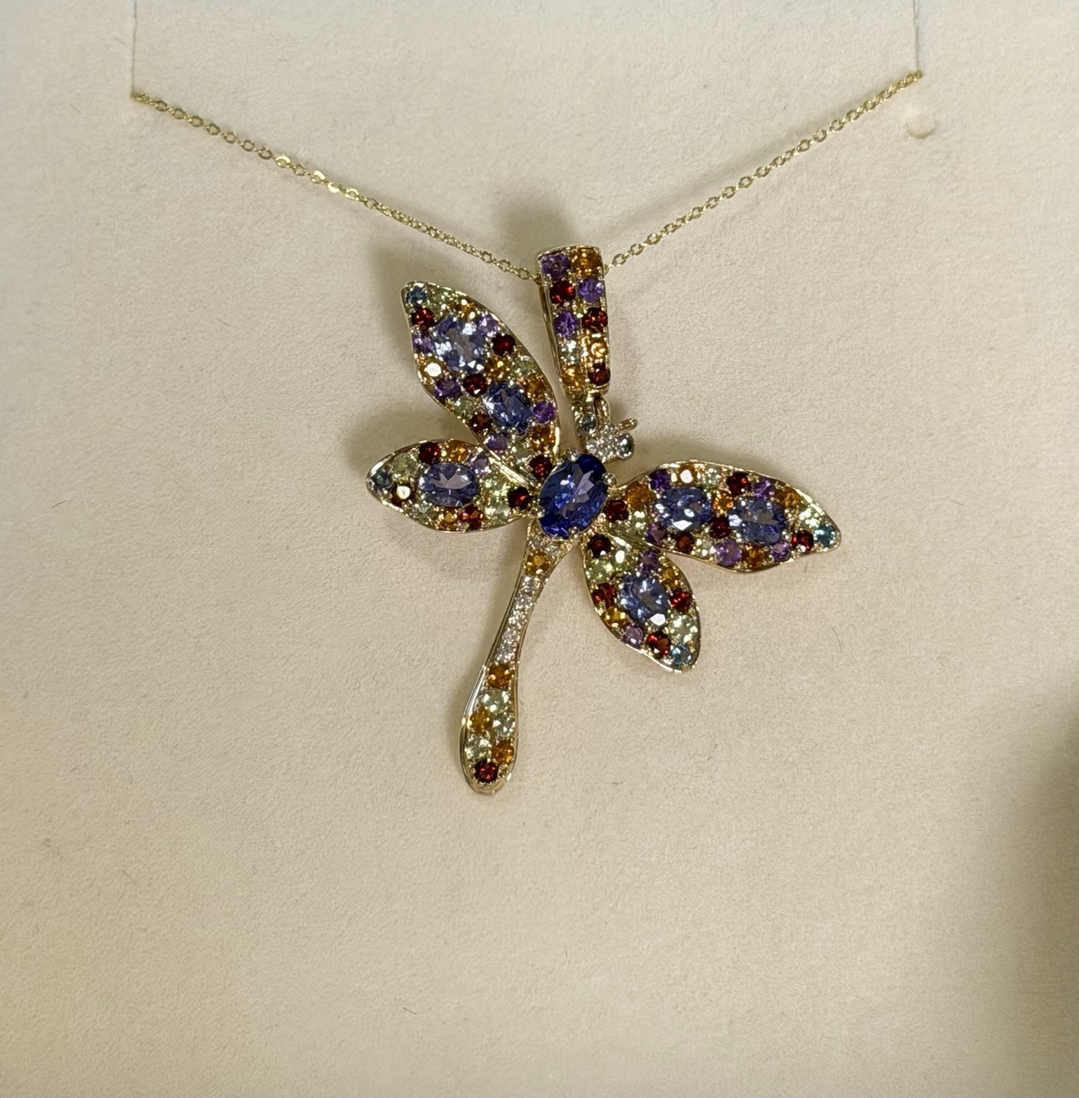 14kt Y/Gold Multi Gemstone & Diamond Dragonfly Necklace, 3.22cttw, 16-18”