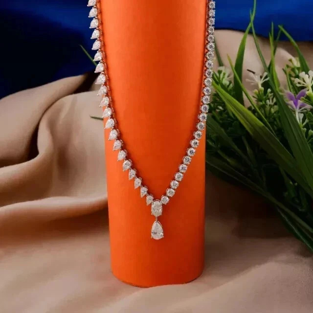 20Ct Pear Cut Lab Created diamond Women,s Tennis Necklace 14K Wh Gold Plated 18″