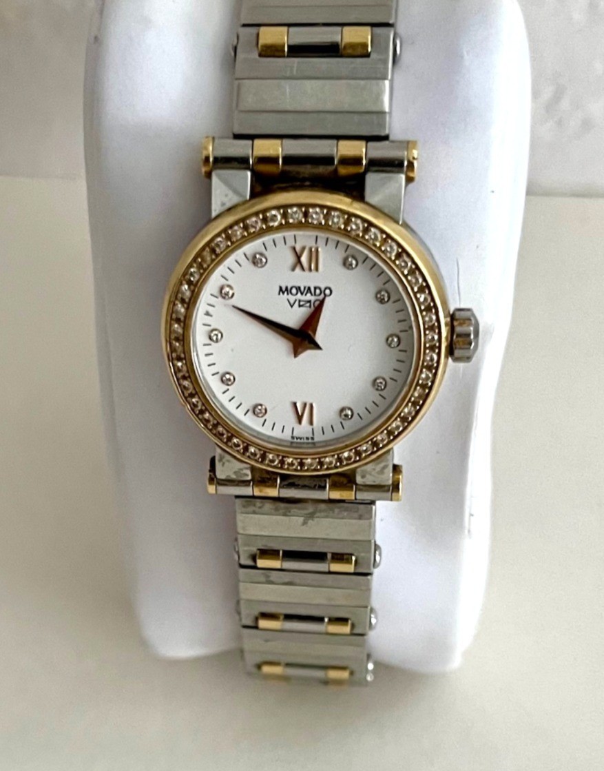 Movado Vizio Ladies 44 Diamond & Gold Swiss Quartz Watch Running w/NEW Battery