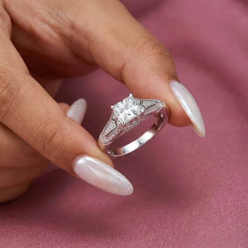 For Engagement Gift Ring 1.5CT Princess Lab Grown Diamond 14k Real White Gold