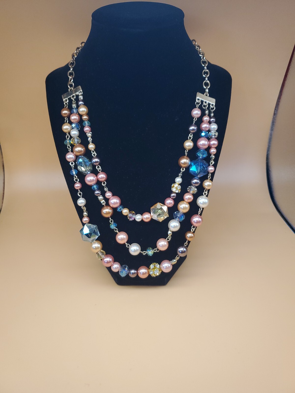 Pearl / Faux Pearl & Briolette Glass Necklace Triple Strand Multicolor Gold Tone