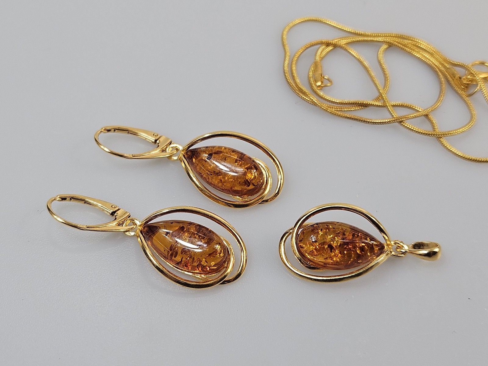Amber earrings and pendant gold plated jewelry handmade real drop shape.