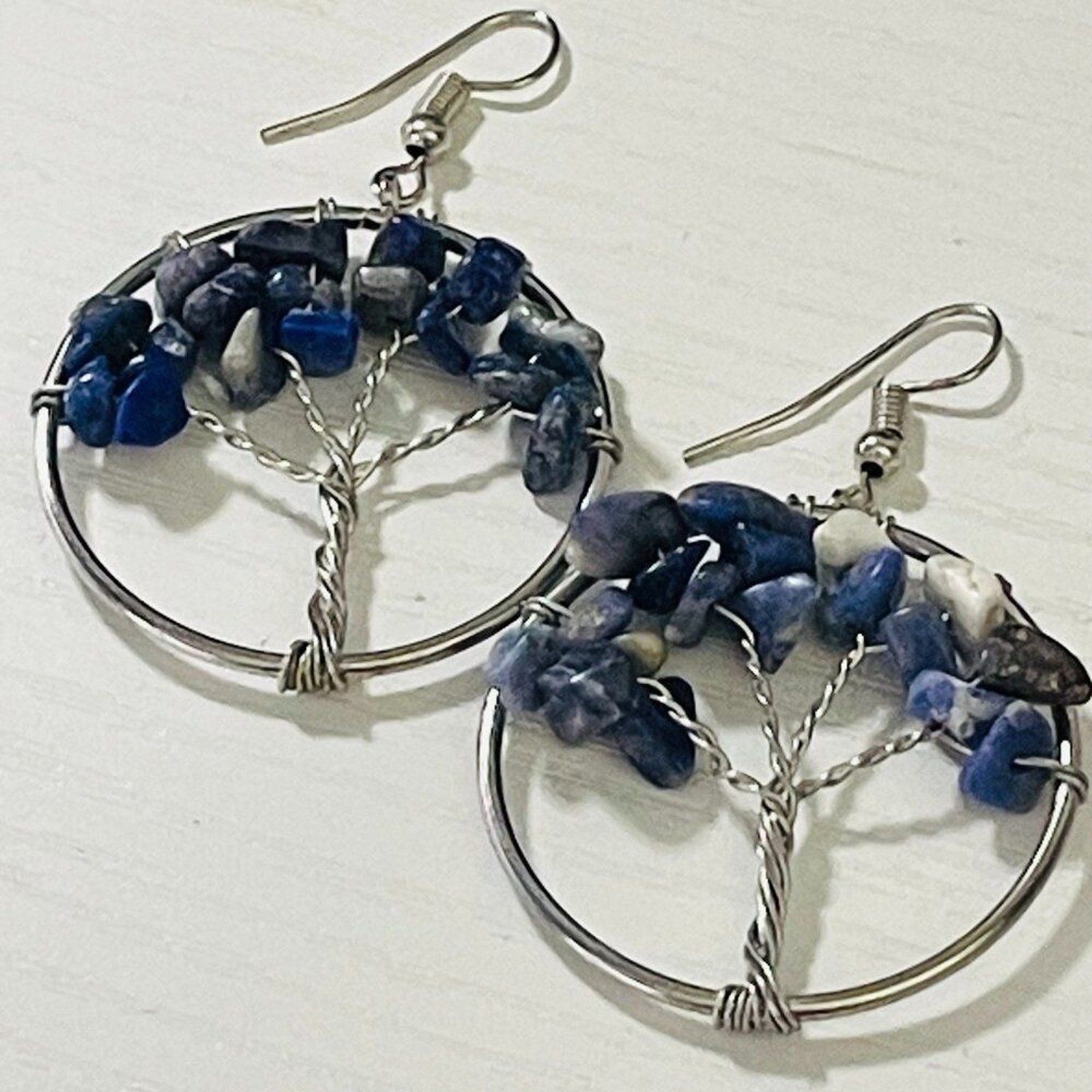Tree of Life Wire-Wrapped Boho Dangle Earrings Bundle (Blue/Gray & Blue/White)