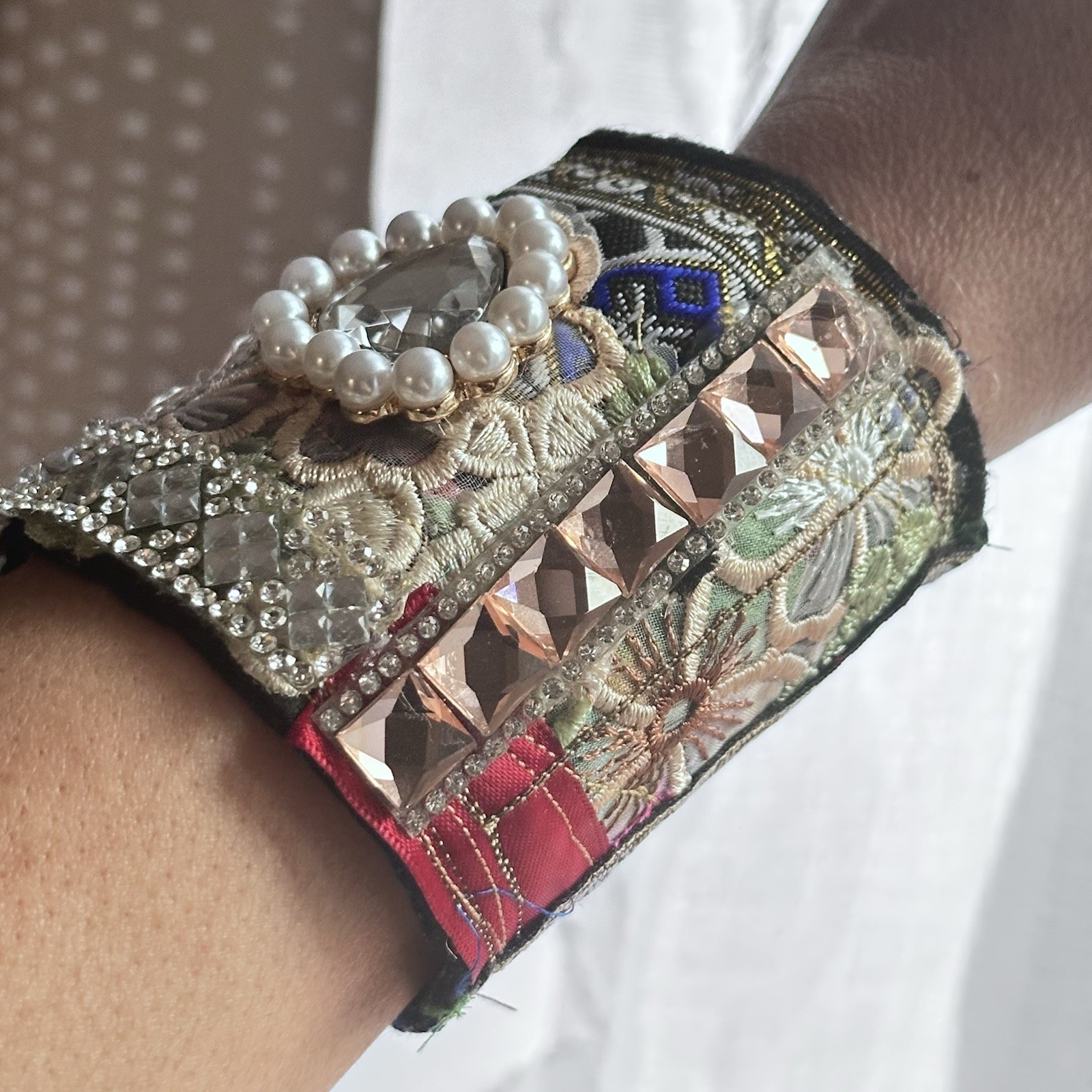Handcrafted Artisan Cuff Bracelet Up Cycled Jewel Pearl Accent Fabric OOAK 7