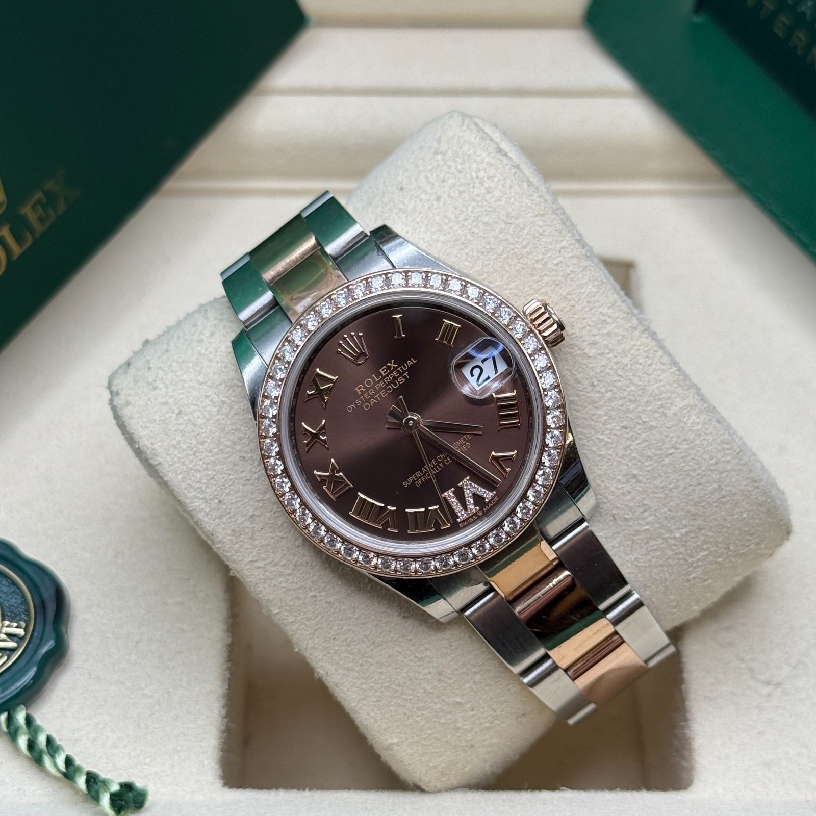 Rolex Datejust 31 Chocolate Roman Diamond Two Tone Rose Diamond Bezel Oyster