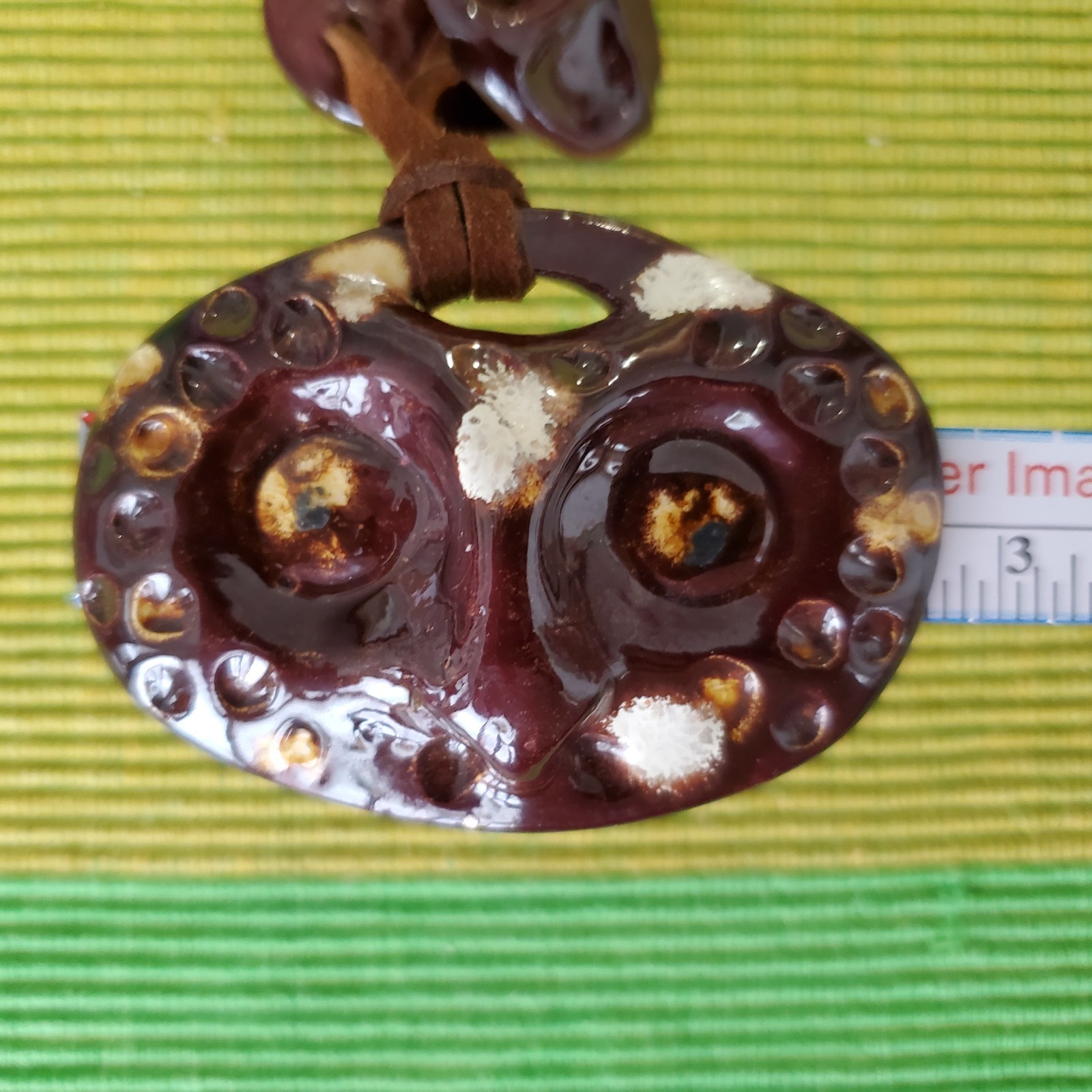 Imnuk Signed Owl Alaska Necklace Art Handcraft Ceramic Bead Leather Cord Vintage