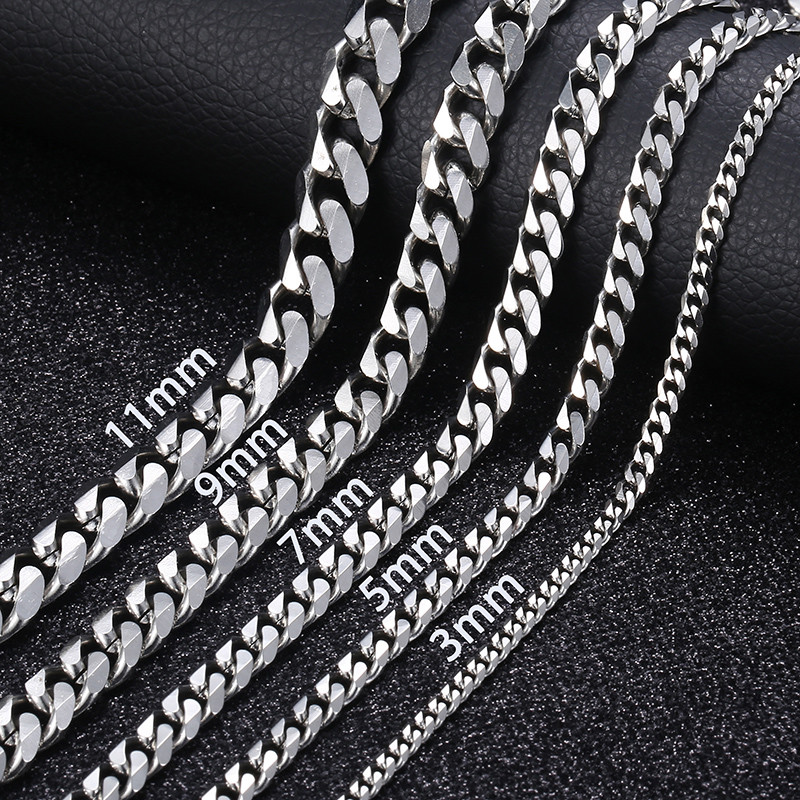 16″-30″ Stainless Steel Silver Chain Cuban Curb Men Women Necklace 3/5/7/9/11mm