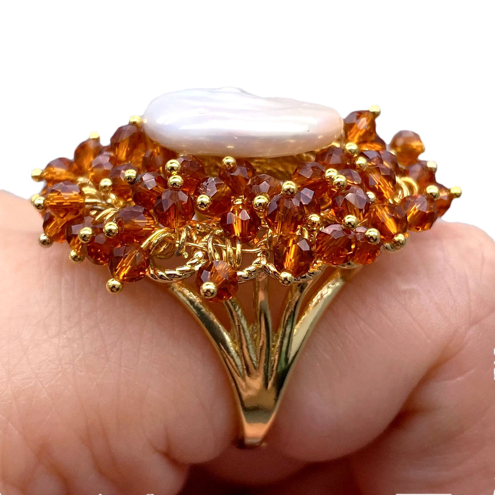 Cultured White Coin Pearl Brown Crystal Gold Plated Party Adjustable Ring