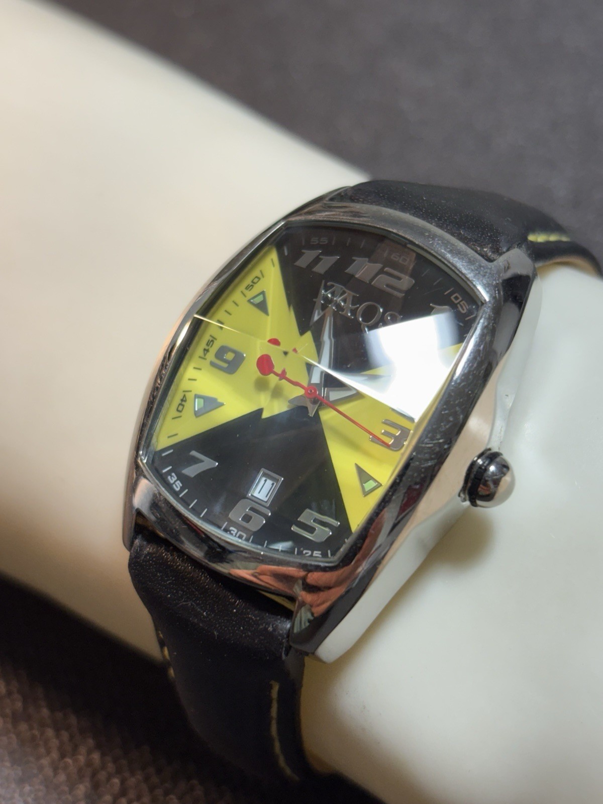 AQS AquaSwiss Men Watch Faceted Crystal,Date,L-9500L,Leather Band,New Bat