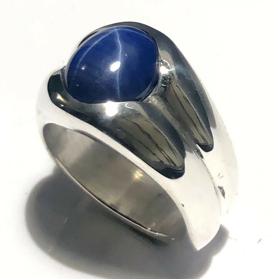 MJG STERLING SILVER MEN’S RING.12 X 10mm LAB CREATED BLUE STAR SAPPHIRE. SZ 9+