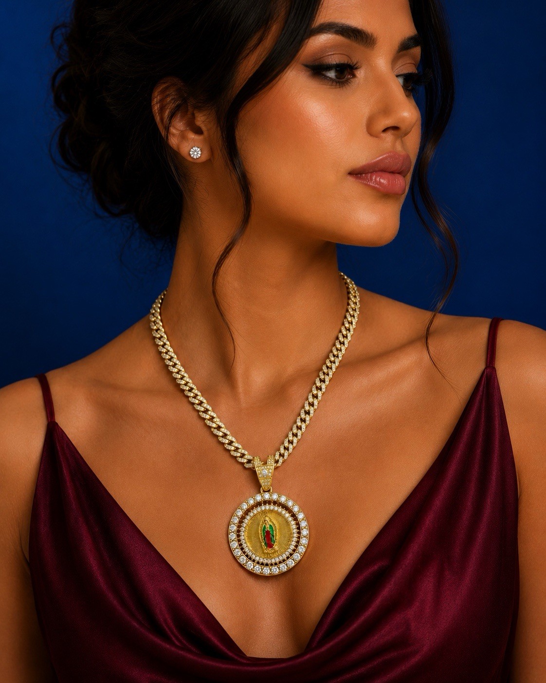 Gold plated Cuban Link Chain Necklace w/ Round spinning CoinPendant Religious