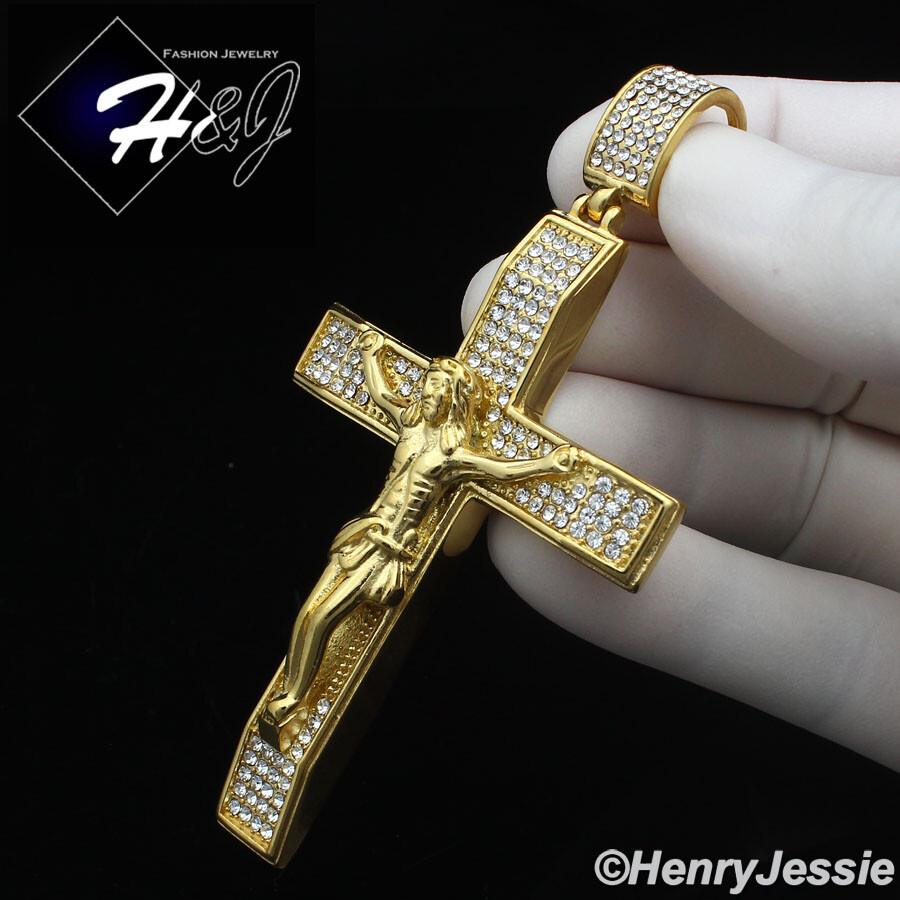 18-40″MEN Stainless Steel 7mm Gold Plated Miami Cuban Chain CZ Cross Pendant*142