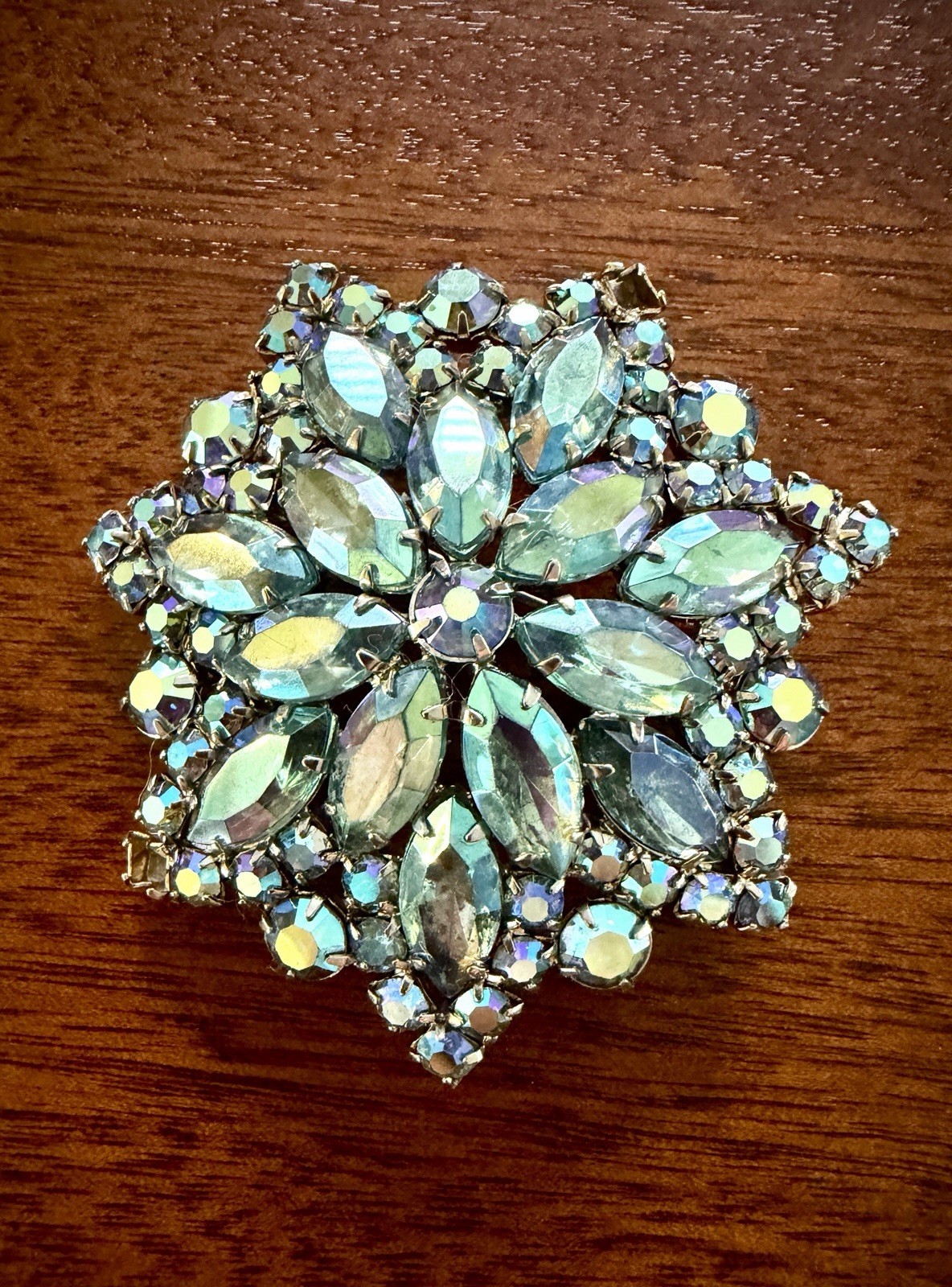 Silver Tone Aurora Borealis Rhinestone Flower Brooch Pin 2 in Prong Set