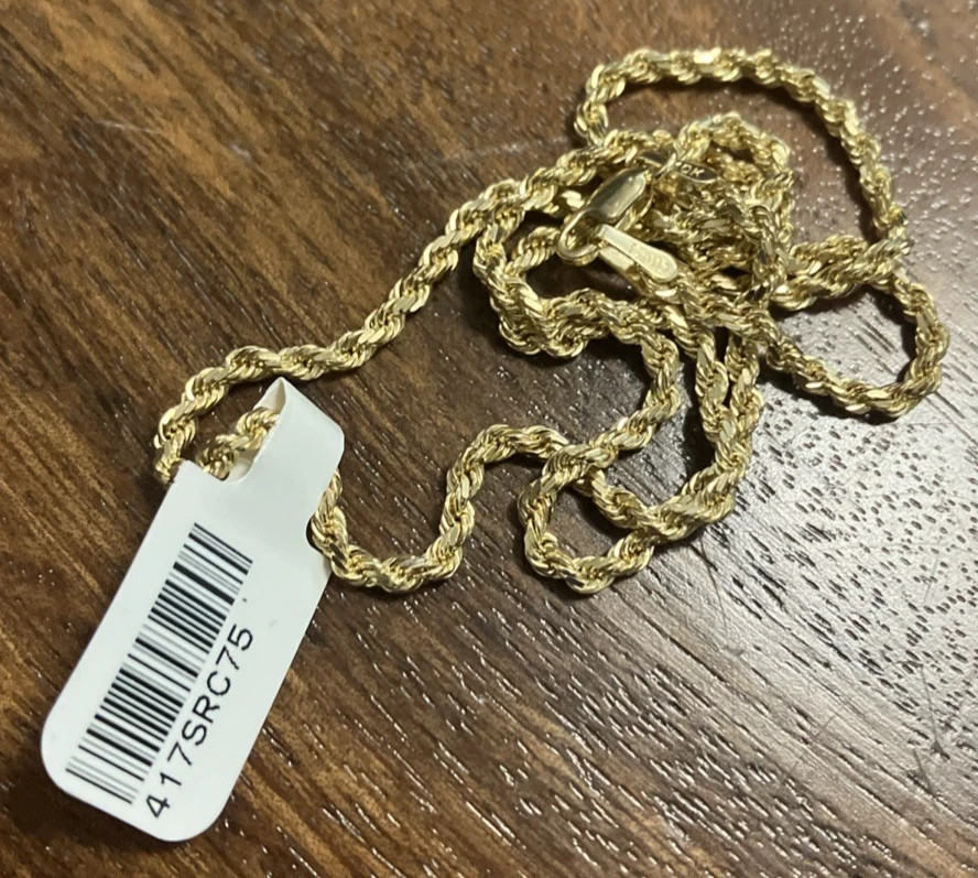 10kt Real Solid Gold Rope Chain Necklace 7.5grams 2.45mm 16” GND Brand NWT 10K