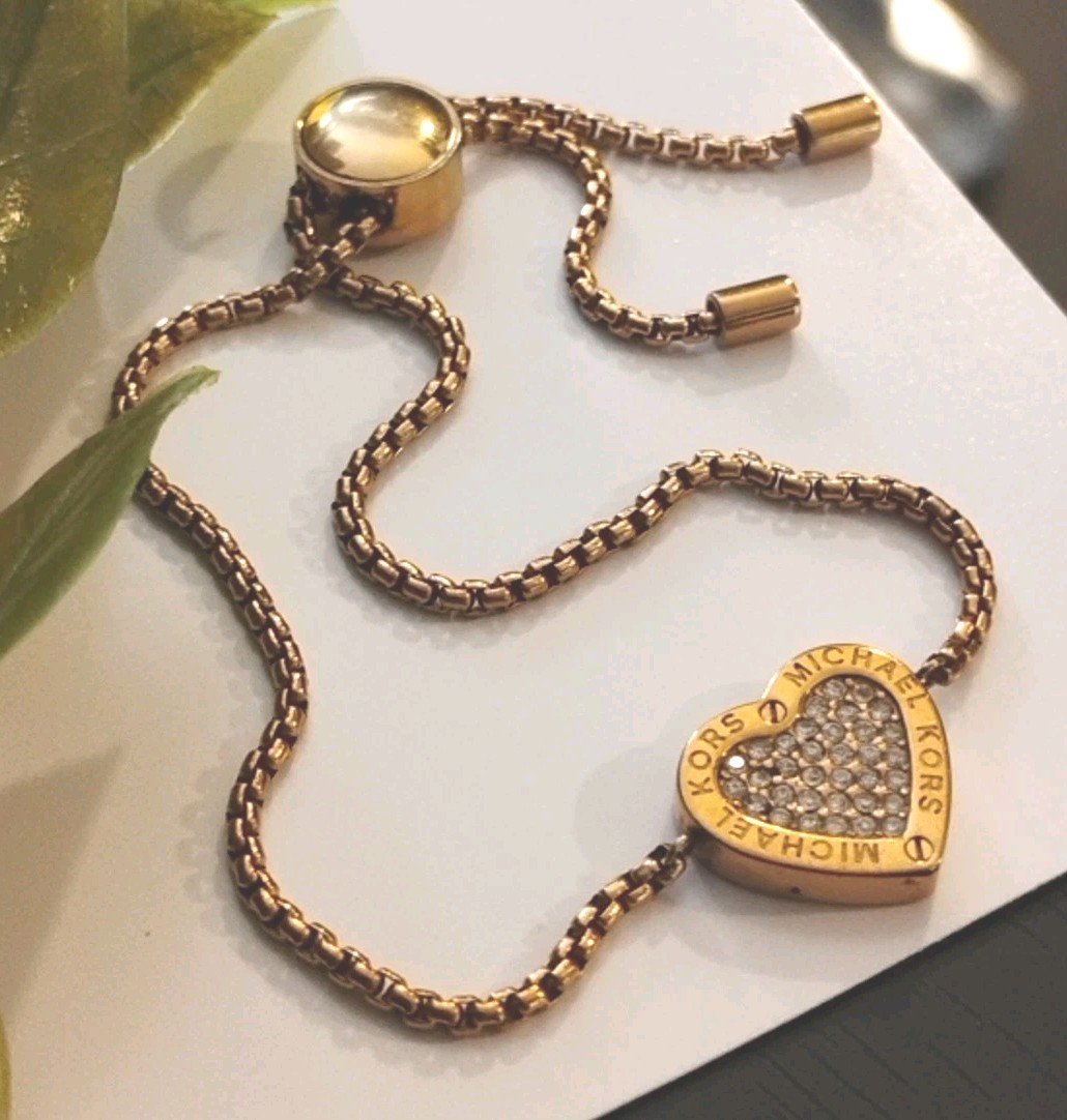 MICHAEL KORS Warm Golden Tone Pave HEART Signed Adjustable Slider Bracelet!