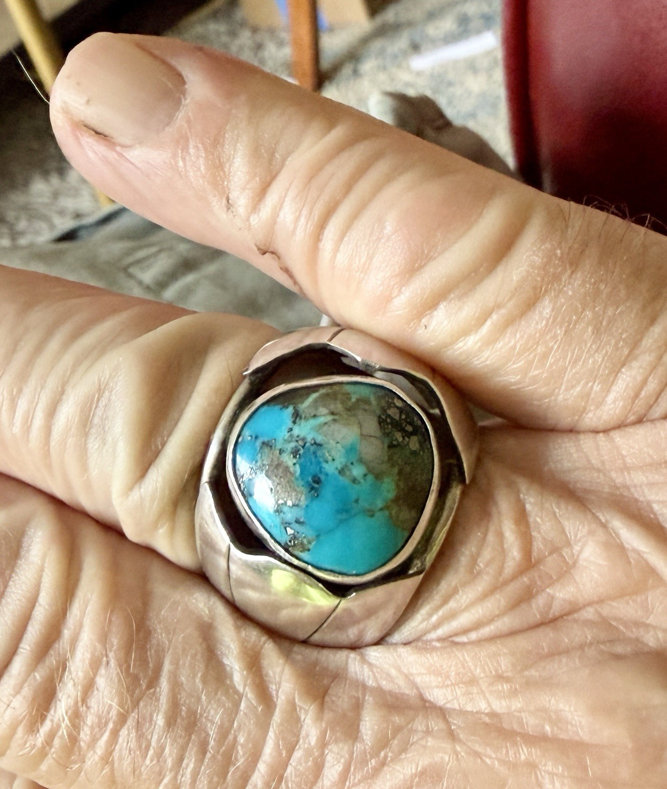 Natural Bisbee Turquoise In Quartz Tufa Sterling Ore Silver Ring Size 9.5