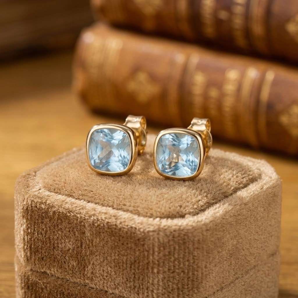 Solitaire Cushion Cut Aquamarine Daily Wear Stud Earrings Solid 14k Yellow Gold