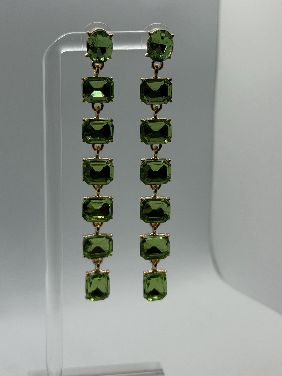 Green Crystal Rectangle Dangle Drop Earrings Gold Tone Prong Set 3.75 in