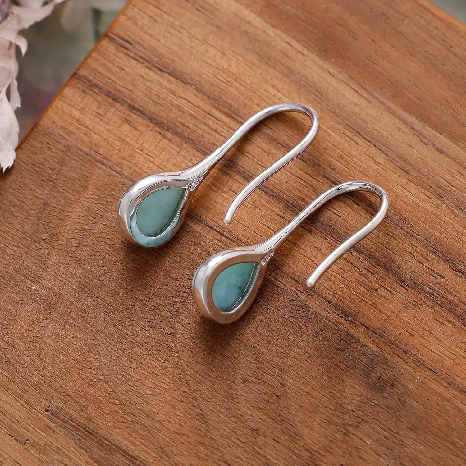 Pear Natural Larimar Gemstone Tear Drop Dangle Earrings 925 Sterling Silver