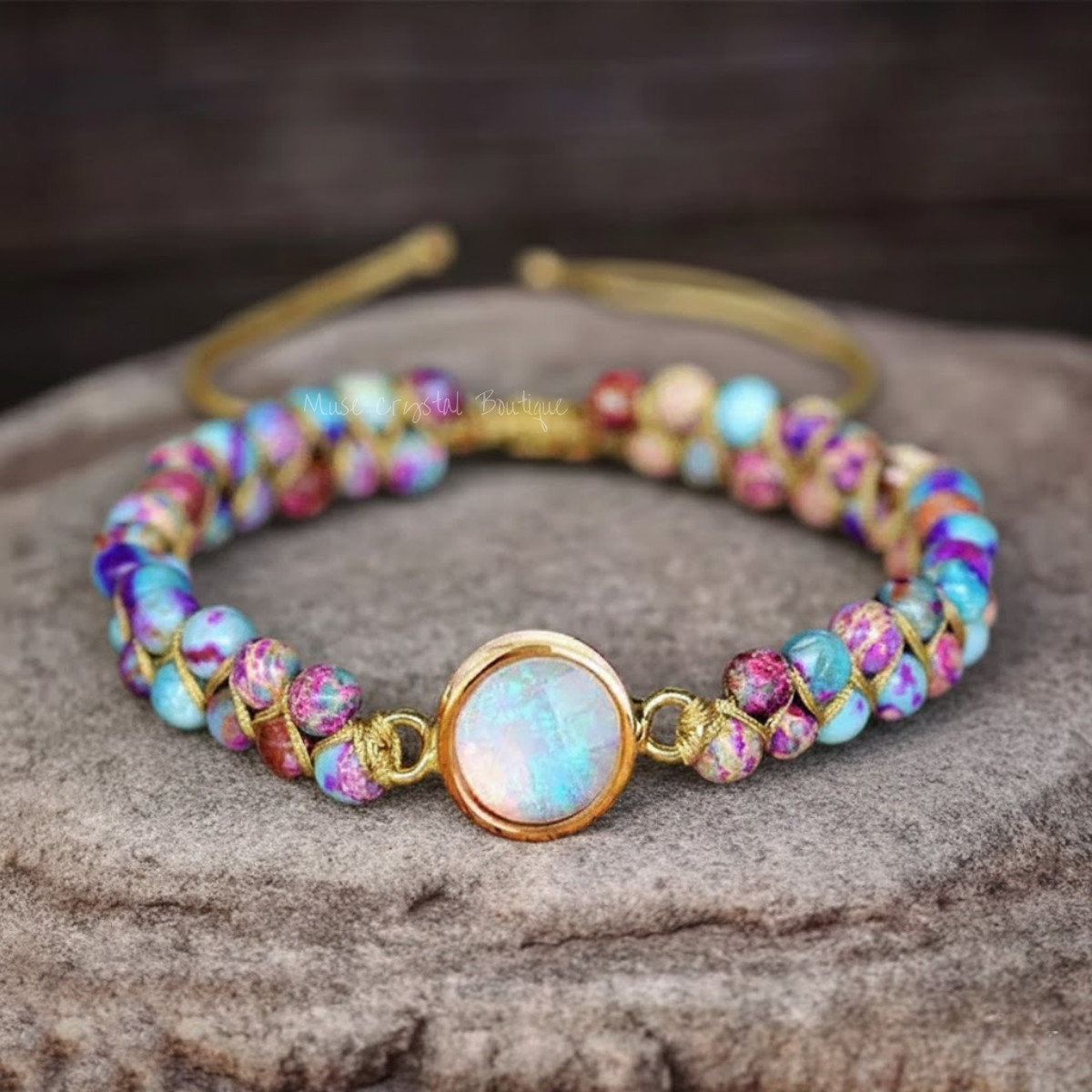 Natural Jasper Stone Braided Bracelet Opal Charm Healing Handmade Jewelry Gift