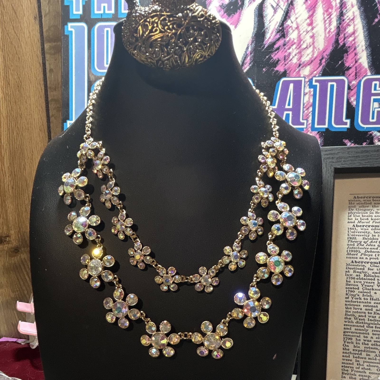 MONET Gold Tone AB Crystal Flower Bib Statement Necklace Adjustable Chain