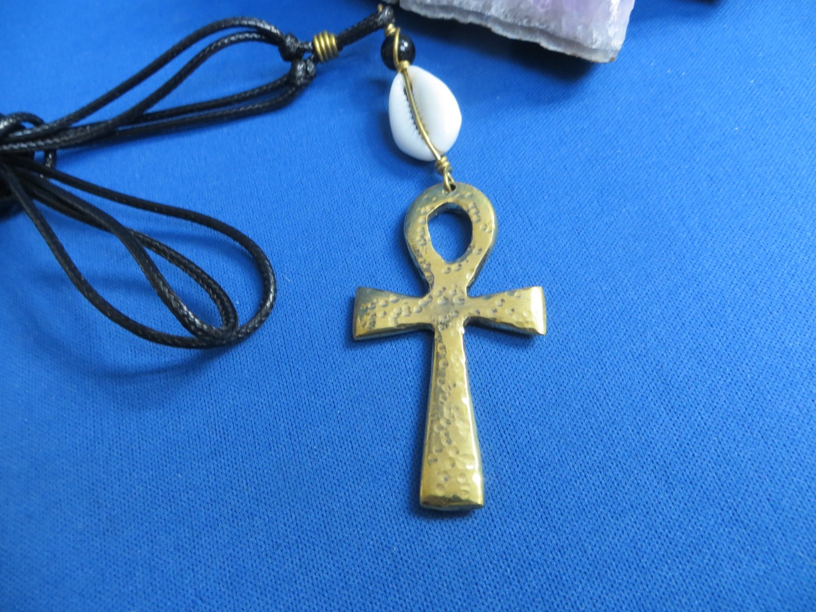 KENYA African Ethnic Jewelry EGYPTIAN ANKH CROSS BRASS/ COWRIE PENDANT NECKLACE