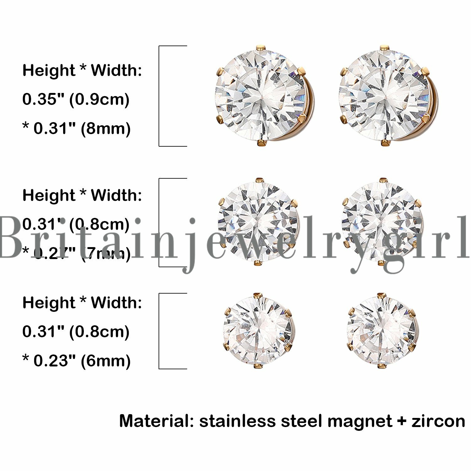 Stainless Steel Magnetic CZ Stud Earrings for Womens Mens Non-Piercing Clip On