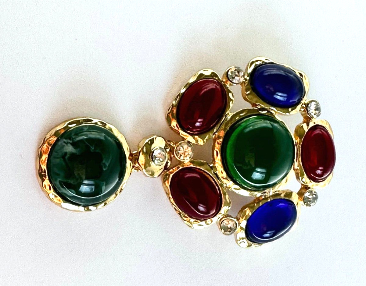Gold Tone & Multicolor Cabochon Acrylic & Crystal Rhinestones Brooch