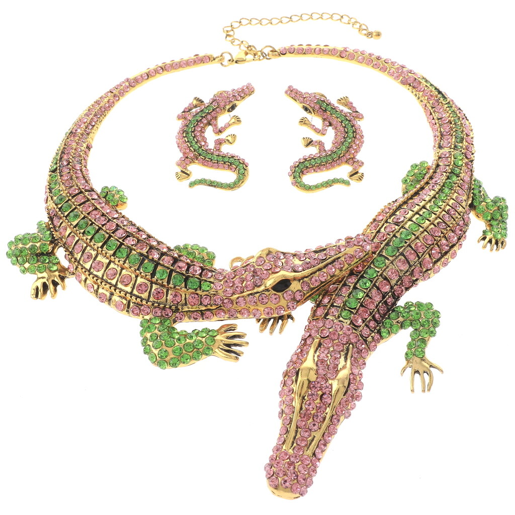 Gold Tone Metal Large Crystal Rhinestone Alligator Necklace Earring Set NK250…