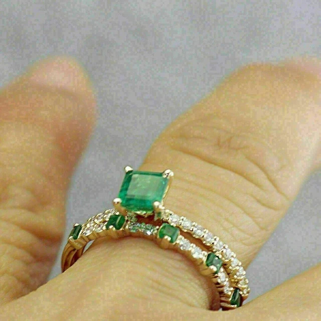 2Ct Princess Simulated Emerald Women Wedding Bridal Ring 14K Yellow Gold Plated