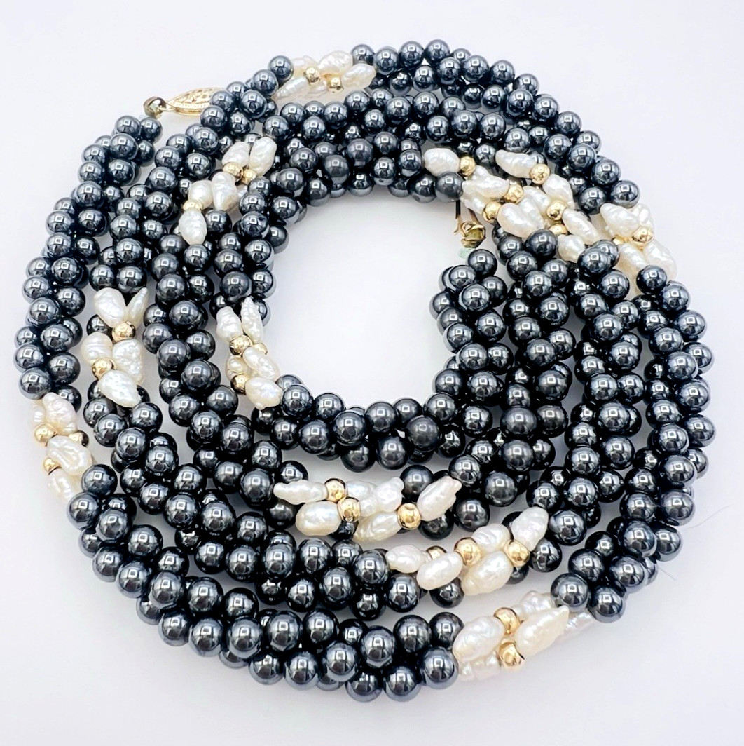 Vintage Twisted Hematite Rice Pearl 14K Gold Bead Necklace 30 in