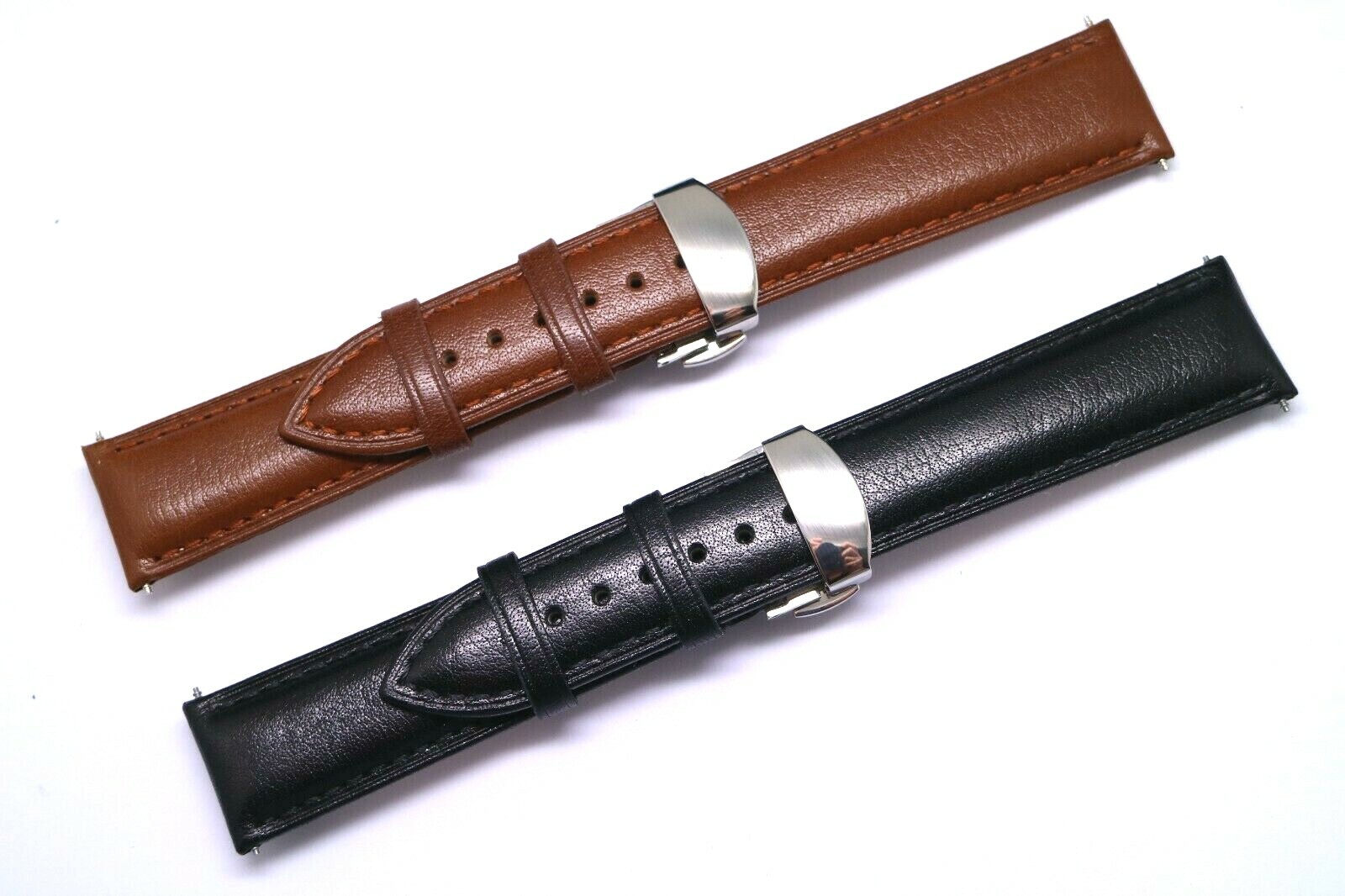 20mm Black or Brown Leather Replacement Watch Strap Push Button Deployant Clasp