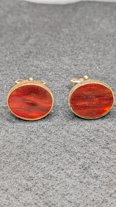 Vintage Germany Burgundy Enamel & Gold Tone Cufflinks Retro